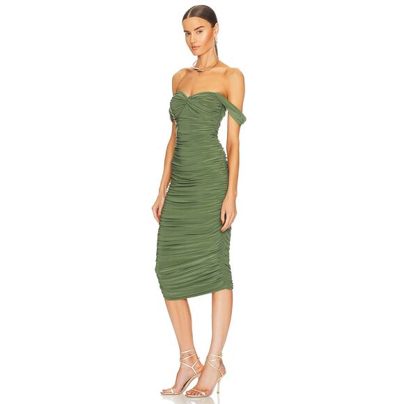 Norma Kamali Walter Midi Dress Green XL NWT Off Shoulder Ruched Elegant - Picture 4 of 9